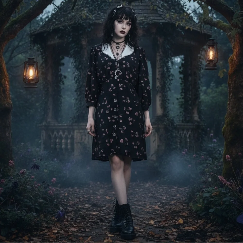 Sister Jane Puff Sleeve Collard Ink Dark Floral Sz L Goth Whimsigoth Dress - Picture 2 of 16